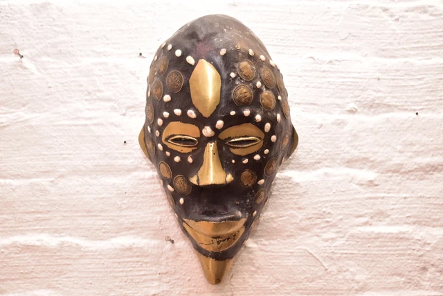 African 12.25" Ceremonial Wood W Coins Mask- TIKAR Cameroon TRIBAL ART CRAFTS