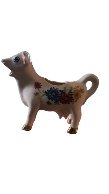 Vintage Hand Painted Ceramic Floral Design Cow Creamer Gold Hoof
