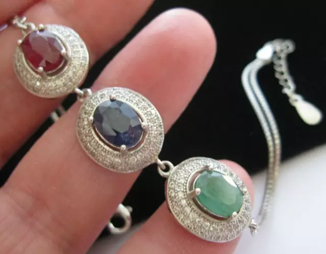 Sterling Silver Real Ruby Emerald Sapphire Tennis BRACELET Hallmarked 8.90g