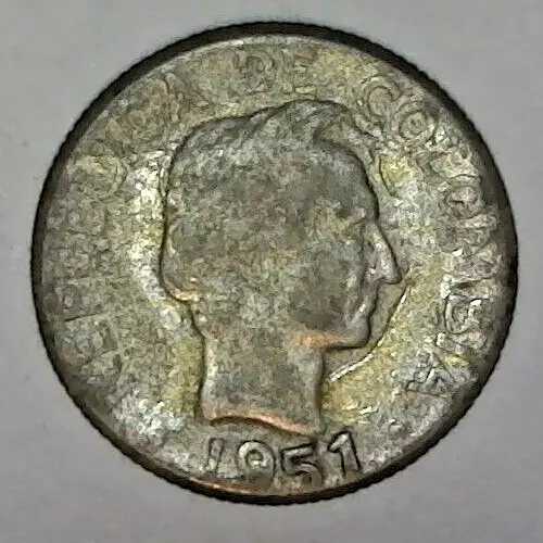 1951 10 Centavos 0.5 Colombia Silver AG 1.25g ASW KM# 207 Circulated