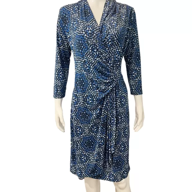 Karen Kane Womens Dress Size Medium Blue Black V Neck Stretch Ruched Mock Wrap