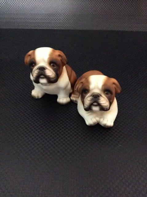 Minature Biesque Porcelain Bull Dog Puppy Figurines By Harvey Knox HHH.