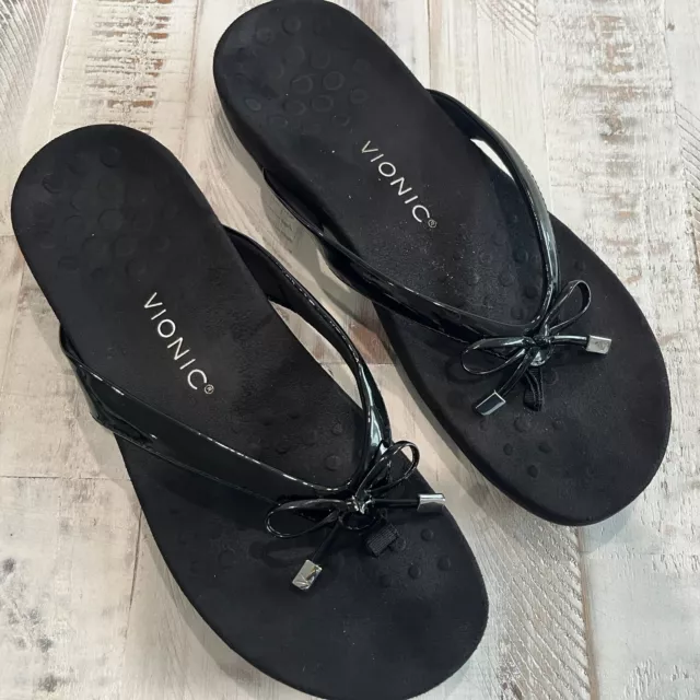 Vionic Women's Bella Sandal Size 9.5 Black Thong Slide Flip Flop Bow Shoe