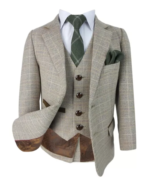 Boys Kids Beige Brown Vintage Retro Check Tweed Suit Formal Wedding Prom Suits