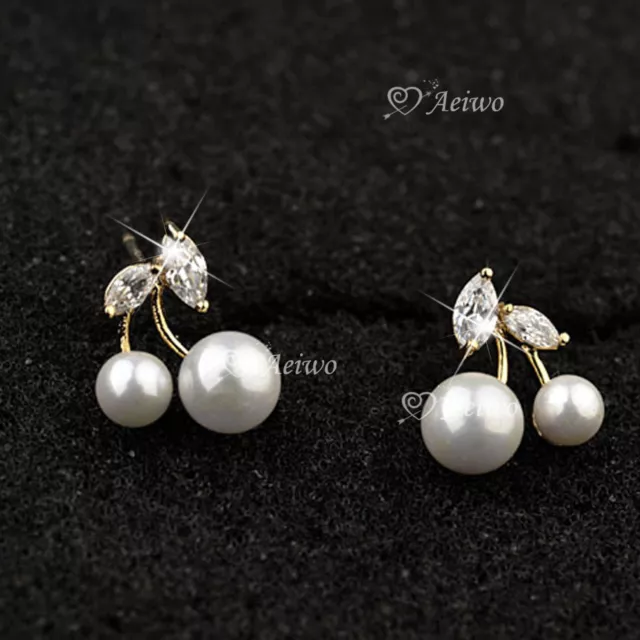 18K Yellow White Gold Made With Swarovski Crystal Pearl Cherry Earrings Cute