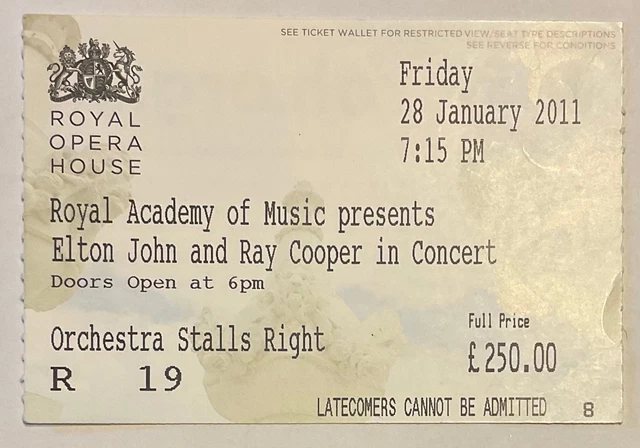 Elton John Original Used Concert Ticket Royal Opera House London 28th Jan 2011