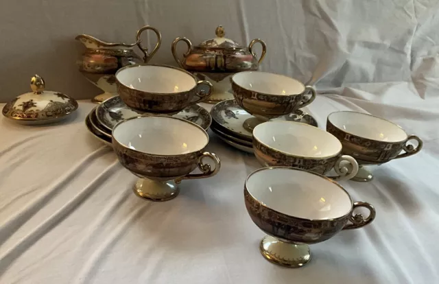 Antique Nippon Hand Painted Gold Creamer Sugar and 6 Footed Cups and Saucers