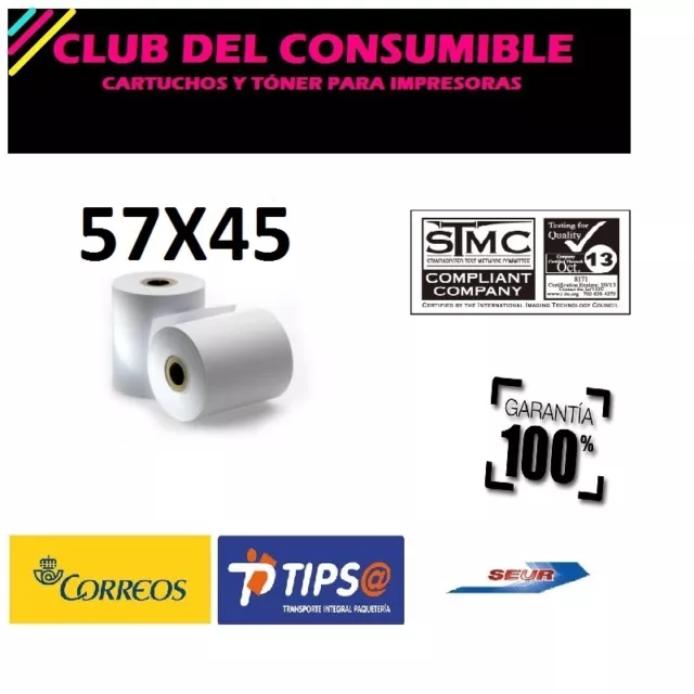 Pack 10 Rollos De Papel Termico Tickets 57X45X12 Mm