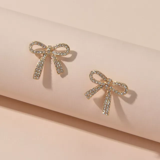 Party Jewelry Sparkly Rhinestone Gold Plated Bow-knot Stud Earrings Ladies Gifts