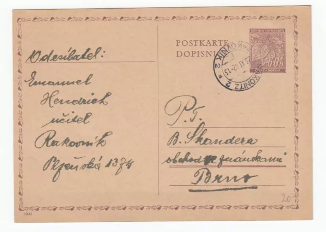 Böhmen und Mähren Postkarte Ganzsache  Rakonitz 2 / Rakovník 2 nach Brno 1942