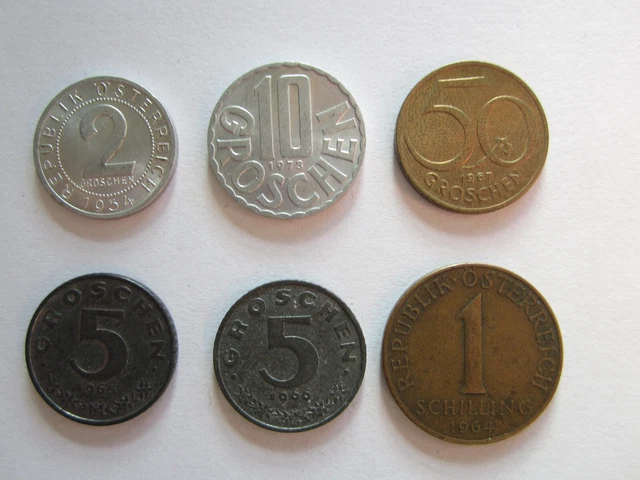 Vintage 6 coin Austrian lot, 1964 Schilling, 1954 2 Groschen, 1967 50 Groschen