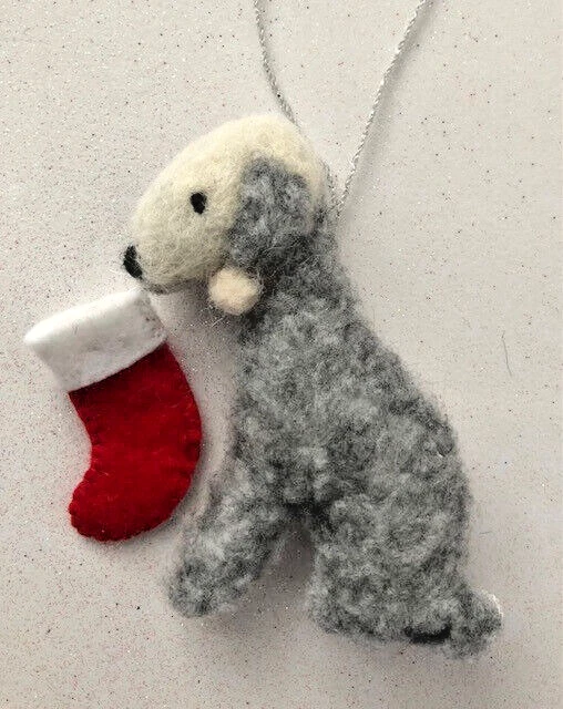 BLUE BEDLINGTON TERRIER  with CHRISTMAS STOCKING - PART NEEDLE FELTED DOG  -