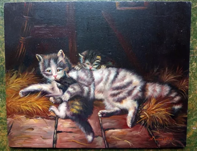 Cat and kittens oil on wooden board signed N Winston