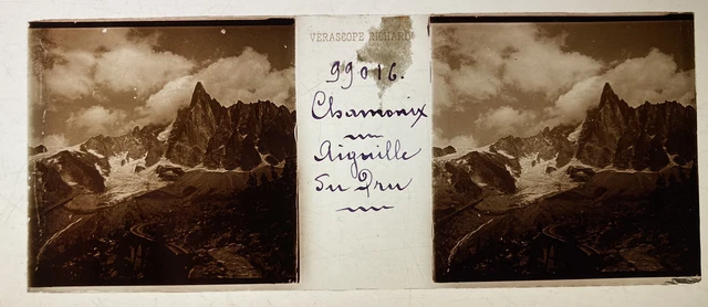 CHAMONIX AUGUILLE DRU PLAQUE VERRE 45x107 VUE STEREOSCOPIQUE VERASCOPE RICHARD