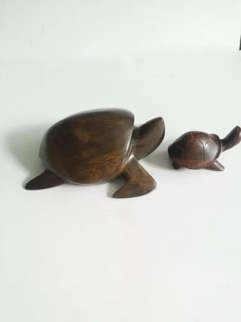 Ironwood Dark Heavy Turtle Figurines Hand Carved  Wood Sculpture Mom & Baby