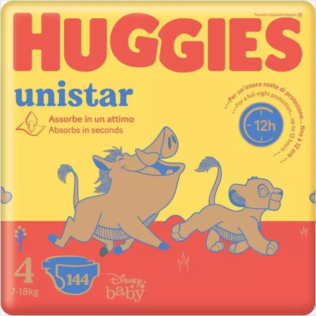 Huggies Unistar, Pannolini Taglia 4 (7-18 Kg), Design Disney, Pacco Scorta, 144