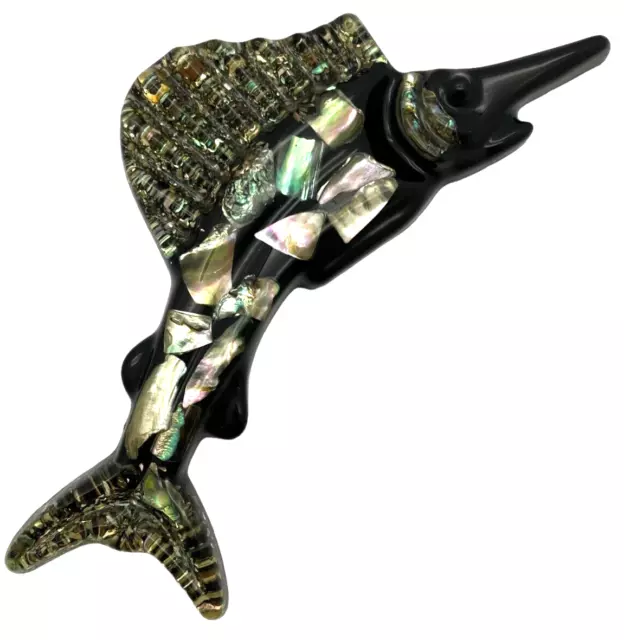 Vtg.  Acrylic/Resin Swordfish Marlin Embedded Abalone Shells Wall Decor Nautical