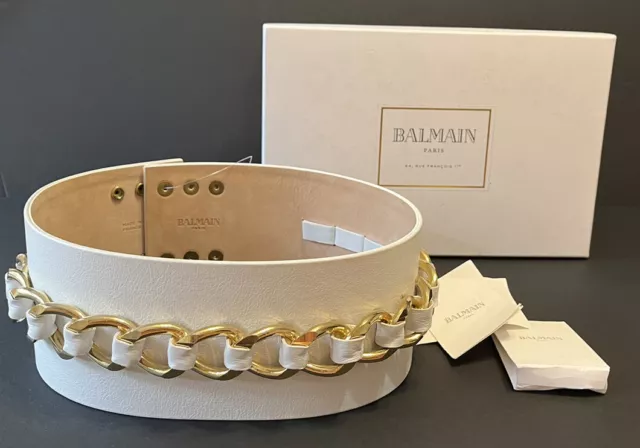 Balmain White Wide Leather Gold Chain Embellished Logo Snap Belt NWT Size 36