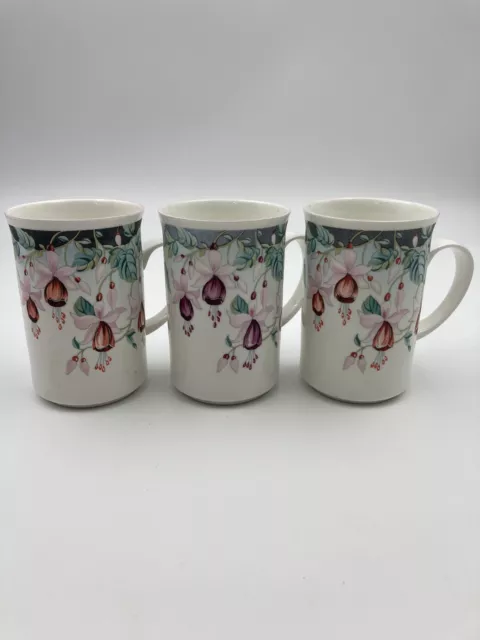 St George England Fine Bone China Fuchsia Floral Coffee Tea Cup Mug Set of 3