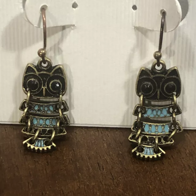 Women CHAPS Owl Earrings Turquoise Blue Accents Silver Tone Drop Costume Jewelry