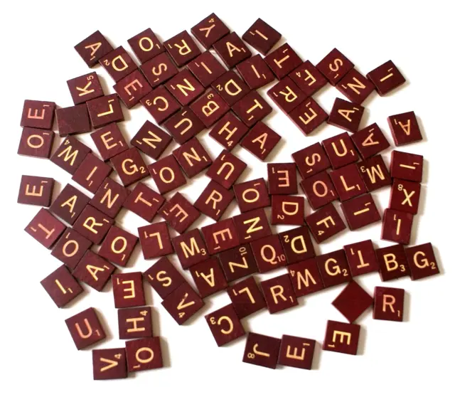 Scrabble Deluxe Maroon Red w/ Gold Letters Lot of 94 Tiles Crafts or Replacement