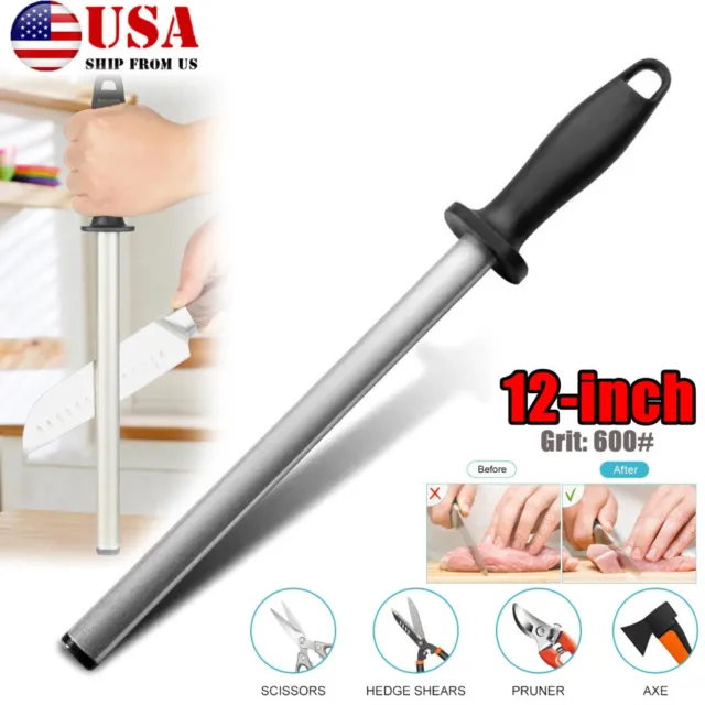 12in Diamond Knife Sharpener Steel Honing Rod Oval Stick Kitchen Sharpening Tool