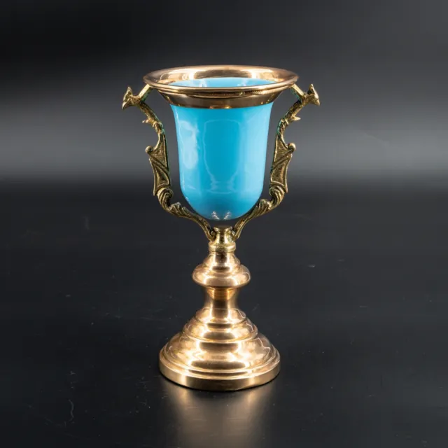 Rare Antique French Blue Opaline Glass Church Night Light Bronze Copper Oil Lamp 3