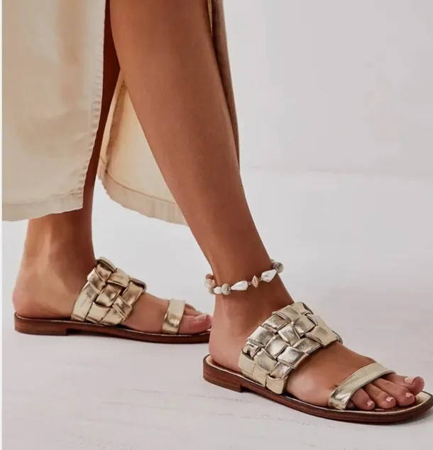 New Free People Woven River Gold Leather Strap Women's Sandals EU39 Sz 8.5