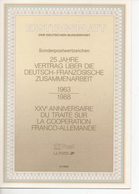 BRD / Frankreich Ersttagsblatt  4/1988 mit Mi-Nr.1351  25 Jahre Zusammenarbeit