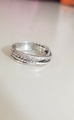 David Yurman Sterling Silver 7mm Wide Crossover Ring with Pave Diamonds Size 7