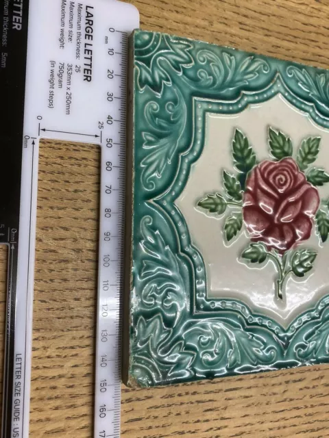 Vintage Red Rose Tile - Stamped Gwalior (Indian) - Majolica Style 3