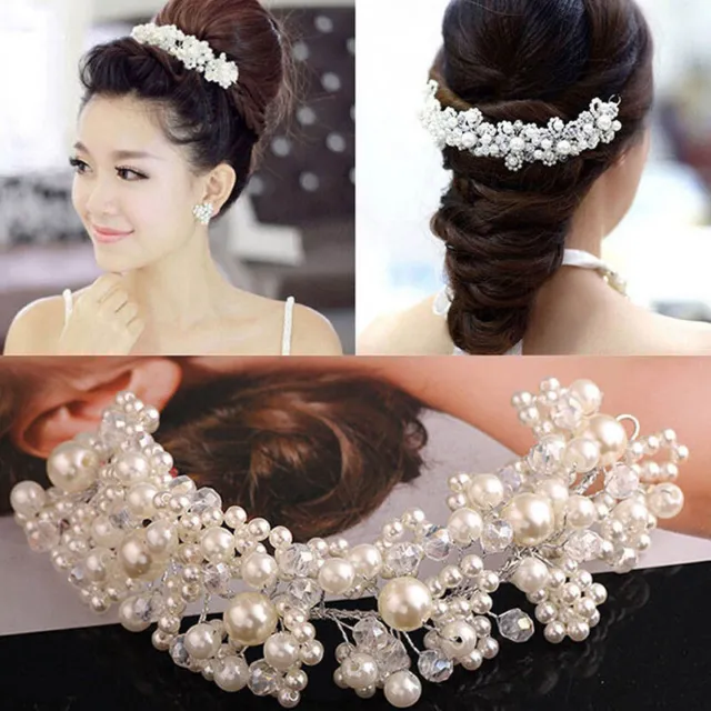 Bridal Wedding Headband Crystal Flower Tiara Crown Pearl Rhinestone Hair Band-xd