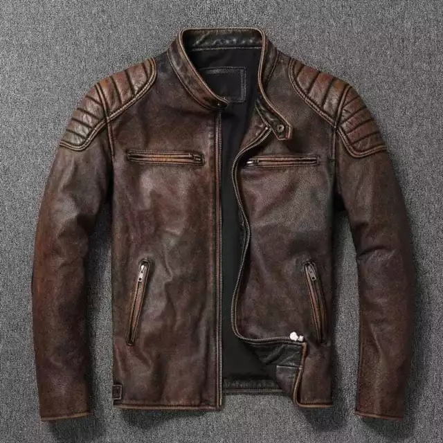 Mens Real Leather Jacket Motorcycle Genuine Cowhide Marlon Biker Fashion Jacket