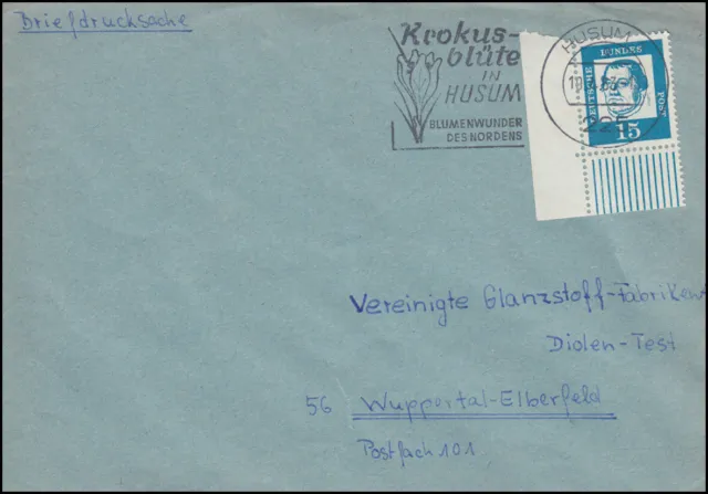 351y Luther Eckstück unten links als EF auf Briefdrucksache HUSUM 19.4.1963
