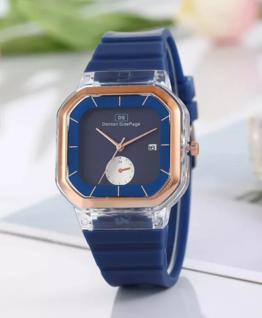 Ladies Women Quartz Wrist Watch Watches Square Face Date Blue Gold UK FREE P&P