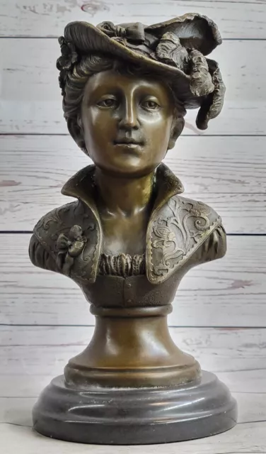 Victorian Era Woman in Feathered Hat Bronze Bust Statue Sculpture 11" x 5"