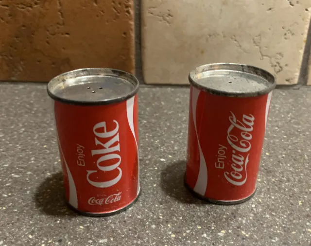 2 older tin Coca-Cola can shaped salt & pepper shakers