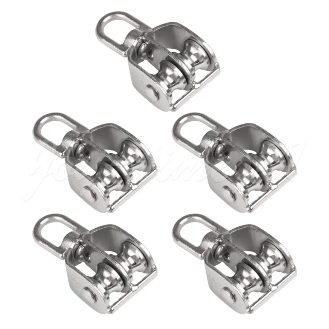 5Pcs Silver Stainless Steel M15 Double Swivel Lift Pulley Block 15mm Dia