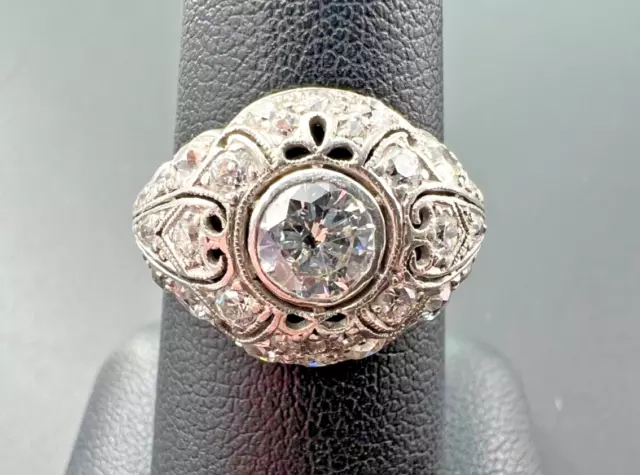 Antique 1930'S Art Deco Platinum 2Tcw Euro Cut Diamond Engagement Cocktail Ring