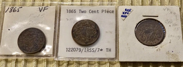 3 US Two Cent Coins 1865, 1865, 1864