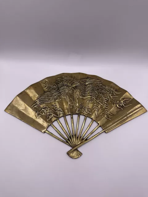 Vintage Solid Brass Fan Raised Phoenix Dragon Ornament Decor Figure Enesco