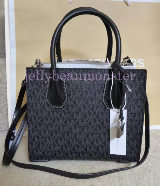 MICHAEL KORS Mercer Signature Embossed Leather Messenger Bag Purse Black Pewter