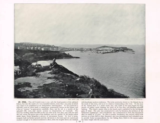 St Ives Cornwall Town and The Island Antique Picture Old Print 1895 RTC#138