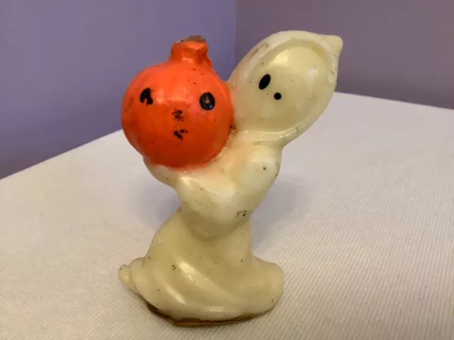 Vintage Halloween Gurley Candle Ghost holding Pumpkin - 3"