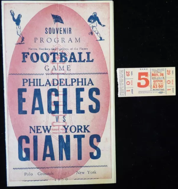 1950 Philadelphia Eagles vs NY Giants NFL Football Program and Ticket Stub