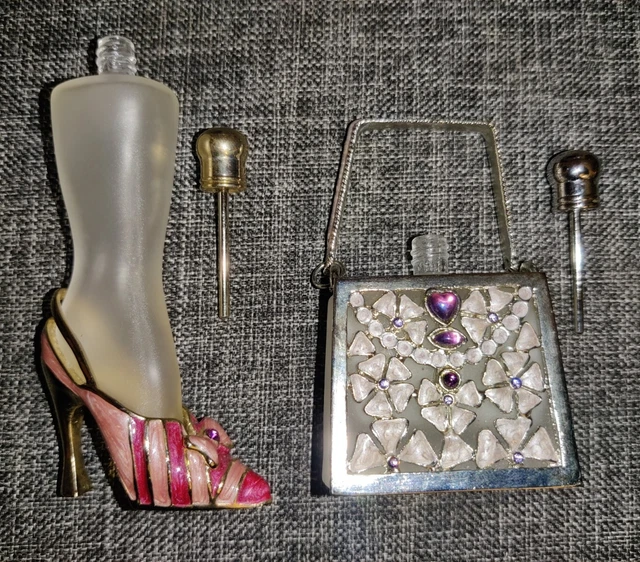 Frosted Glass High Heels Shoe  4" & Purse w/ Flowers Rhinestones Perfume Bottles