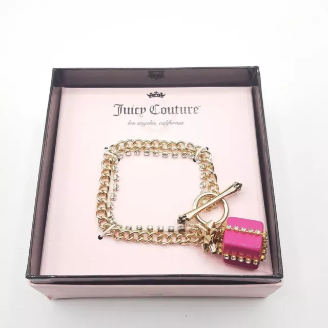 New Juicy Couture Bracelet Pink Charm gold tone and rhinestones in box