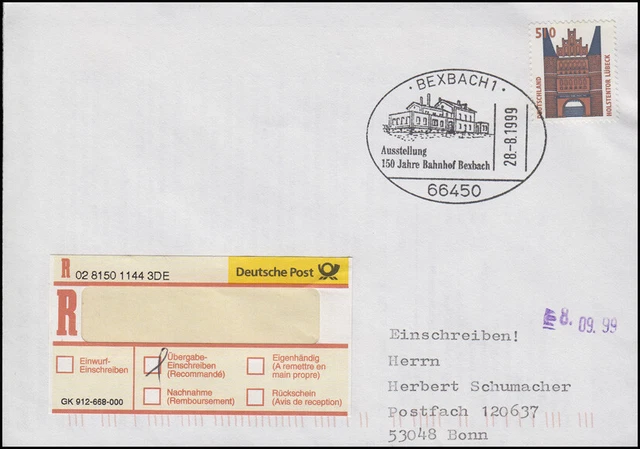 150 Jahre Bahnhof Bexbach, EF R-Brief SSt Bexbach 28.8.1999