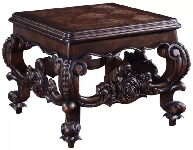 End Table Baroque Rococo Carved Wood, Distressed Walnut, Oak Parquet, Square