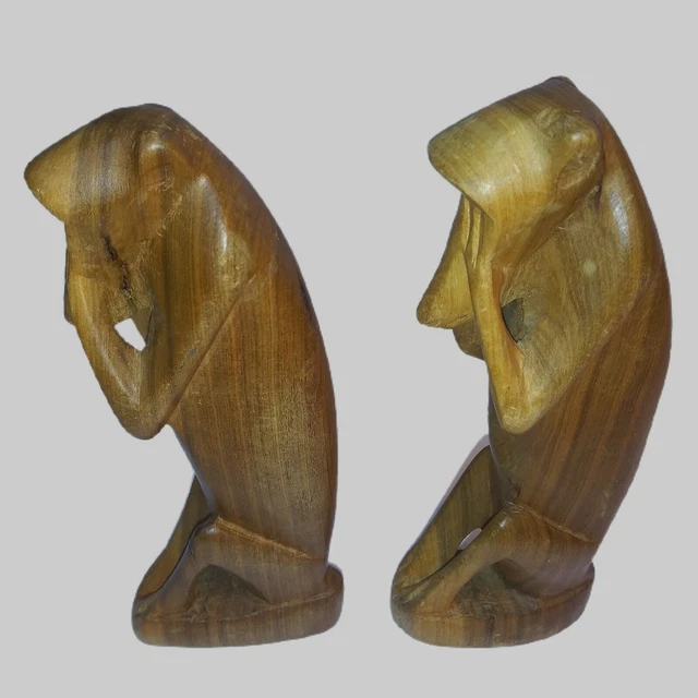 Lot 2 Wood Hand Carved Monkeys Besmo African Wooden Vtg See No Evil Figurine 6"